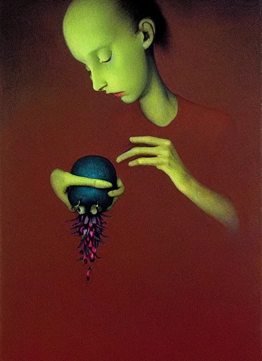 Prompt: She Eats of the Strangling Fruit and Her polyp blossoms bring iridescent fungal flowers whose spores black the foolish stars, Edward Hopper and James Gilleard, Zdzislaw Beksinski, Mark Ryden, Wolfgang Lettl highly detailed, hints of Yayoi Kasuma, Odilon Redon. Drexler