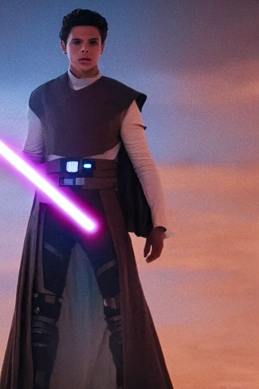 Image similar to jake t. austin as a droid in star wars the rise of skywalker, 3 5 mm photography, highly detailed, cinematic lighting, standing pose, holding lightsaber 4 k