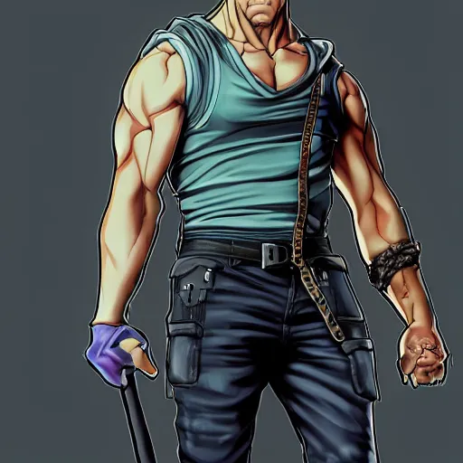 Image similar to Digital painting of Vin Diesel walking like a Italian model in JoJo\'s Bizzare Adventure anime style, latest fashion clothing from Italy, official media from JoJo\'s Bizzare Adventure, highly detailed, sharp focus, hard shadows, ArtStation, art by Hirohiko Araki