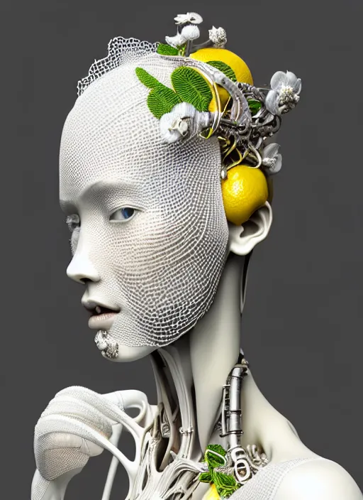 Image similar to complex 3d render ultra detailed of a beautiful porcelain profile young woman face, biomechanical cyborg, 150 mm lens, beautiful studio soft light, rim light, silver lemon details, magnolia big lemon and stems, roots, fine foliage lace, mesh wire, Alexander Mcqueen high fashion haute couture, art nouveau fashion embroidered, steampunk, intricate details, hyper realistic, ultra detailed, mandelbrot fractal, anatomical, facial muscles, cable wires, microchip, elegant, octane render, H.R. Giger style, volumetric lighting, 8k post-production