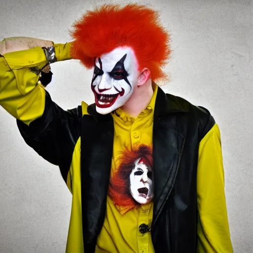 Image similar to insane rockstar clown with crazy orange hair, bloodshot eyes, green pants and weird yellow striped shirt. 8 k resolution, photograph, trending on art station.