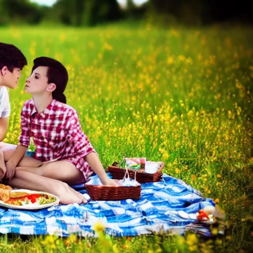 Prompt: a boy and a girl having a picnic in a beautiful field, aesthetic, beautiful, symmetrical face, vfx, 8 k, aesthetic