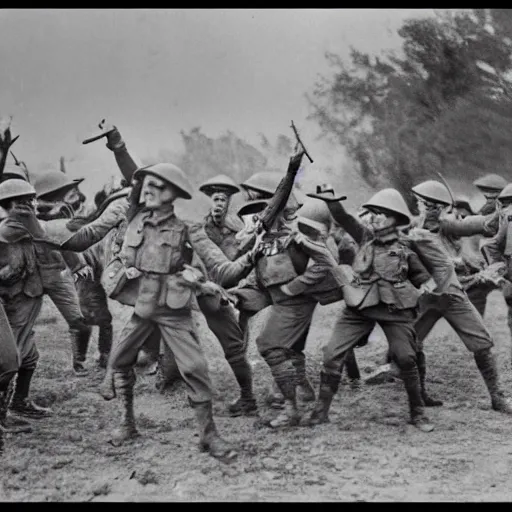 Prompt: TikTok influencers dancing in No Mans Land, World War One, Colorized