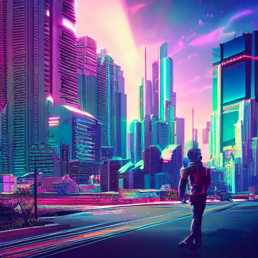 Image similar to a cityscape, synthwave aesthetics, detailed illustration, octane render, god rays, intricate, epic lighting, cinematic composition, hyper realistic, 8 k resolution, unreal engine 5, by artgerm, tooth wu, dan mumford, beeple, wlop, artstation