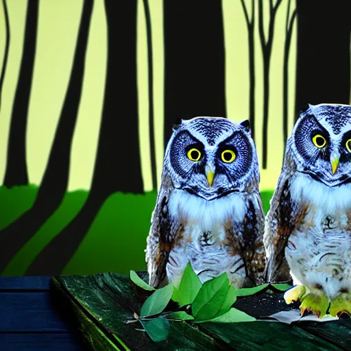 Image similar to photo of owl birthday party in the woods at night