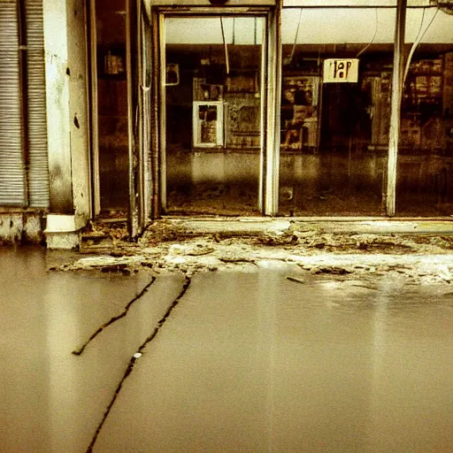 Prompt: Beautiful cameraphone 2000s, liminal soft Photograph of foggy abandoned Store with water on the floor