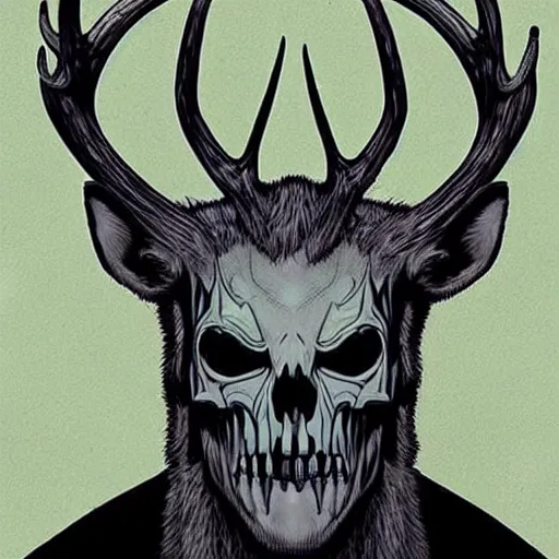 Prompt: Style Tim Jacobus and Rafael Albuquerque:: Wendigo with long antlers, deer face skeletal, symmetrical face, yellow eyes, fully detailed face:: attacking a woman in the woods:: night time, full mood, fog, realistic, scary, horror, full body