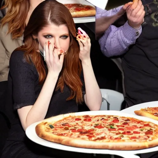 Prompt: paparazzi photo of Anna Kendrick eating two pizzas at once