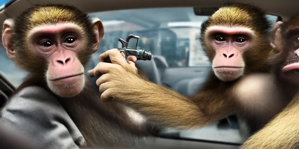 Image similar to a man with a crazy look driving car, a monkey holding a revolver in the back seat, a frightened man next to the driver, hd, ultra realistic, detailed, cinematic