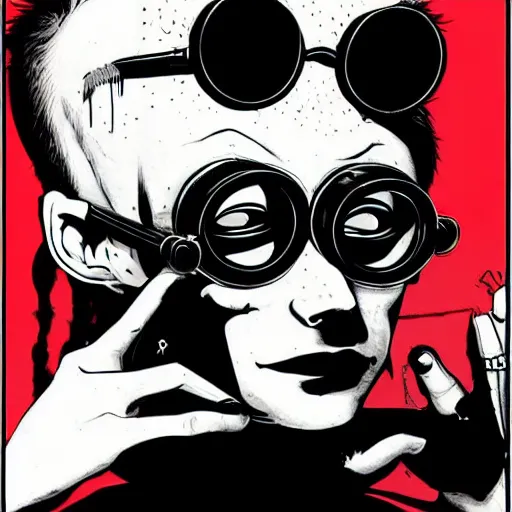 Image similar to a goth nerd guy wearing goggles and eccentric jewelry by jamie hewlett :: full body character concept art, full body, detailed