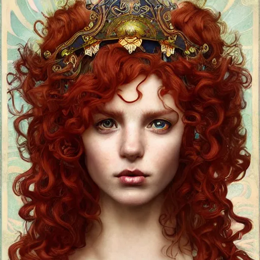 Image similar to Piranha Plantette Super Crown Girl with red curly hair drawn by Donato Giancola and Tom Bagshaw, face by Artgerm, overall design by Alphonse Mucha, background by James Jean and Gustav Klimt, light by Julie Bell, 4k, porcelain skin, komorebi, french nouveau, trending on artstation, octane render, hyperrealistic