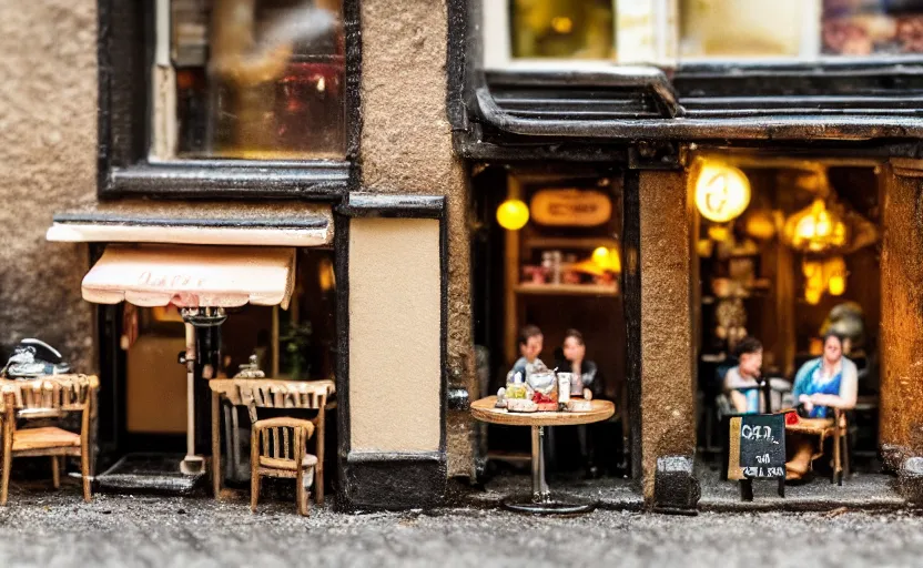 Image similar to miniature cafe diorama macro photography, cafe for mice, alleyway, ambient, atmospheric, british, bokeh, romantic