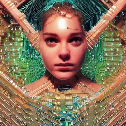 Image similar to deeper into the metaverse we go, piles of modular synth cables, puerto rican goddess swimming up wearing a headpiece made of circuit boards, by cameron gray, wlop, stanley kubrick, masamune, hideki anno, jamie hewlett, unique perspective, trending on artstation, 3 d render, vivid pastel colors