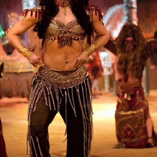 Prompt: a full body shot of javier bardem as a belly dancer, arabian night, high quality, fully detailed, 4 k
