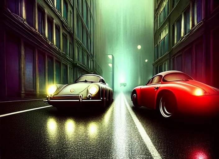 Image similar to beautiful extreme photo in style of frontiers rendered in octane 3d , stunning, coherent, beautiful painting, still of a Mysterious figure swings a heavy sledgehammer at a silver Porsche 550 with its headlights on, parked on the side of the road in the city of Cologne in the rain, by George Tooker, moody, ominous, lighting, hyper-realistic, , Edward Hopper and James Gilleard, Zdzislaw Beksinski, Steven Outram, highly detailedrich deep colors. rich deep colors. Beksinski painting, art by Takato Yamamoto , Wayne Barlowe. masterpiece. rendered in blender, ultra realistic, smooth shading, ultra detailed, high resolution, cinematic, unreal 6