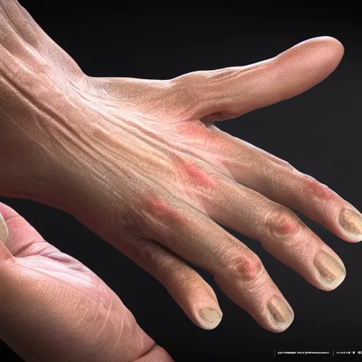 Image similar to A beautiful hyper realistic ultra detailed lifelike cinematic still of hand with 26 fingers, unreal engine, deviantart, flickr, artstation, octane render, textured, colorful, extreme realistic detail, physically based rendering, pbr render, very detailed, volumetric lighting, detailed lighting, octane render, 4k, cinematic lighting, 8k resolution