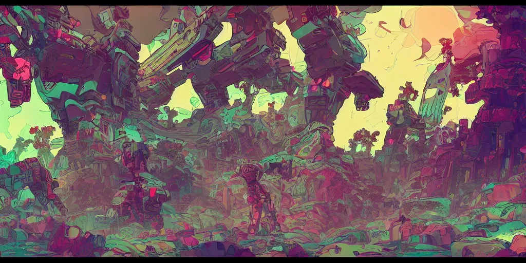 Prompt: generative digital art examples in the style of a video game illustration vivid color borderlands and by feng zhu and loish and laurie greasley, victo ngai, andreas rocha, john harris