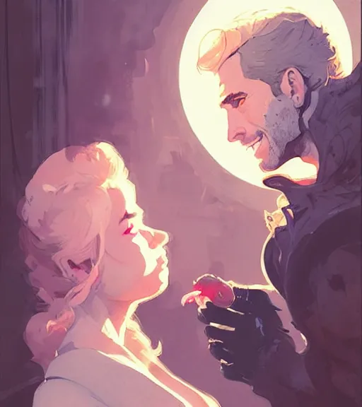 Image similar to portrait of cullen kissing dany by atey ghailan, by greg rutkowski, by greg tocchini, by james gilleard, by joe fenton, by kaethe butcher, dynamic lighting, gradient light pink, brown, blonde cream and white color scheme, grunge aesthetic