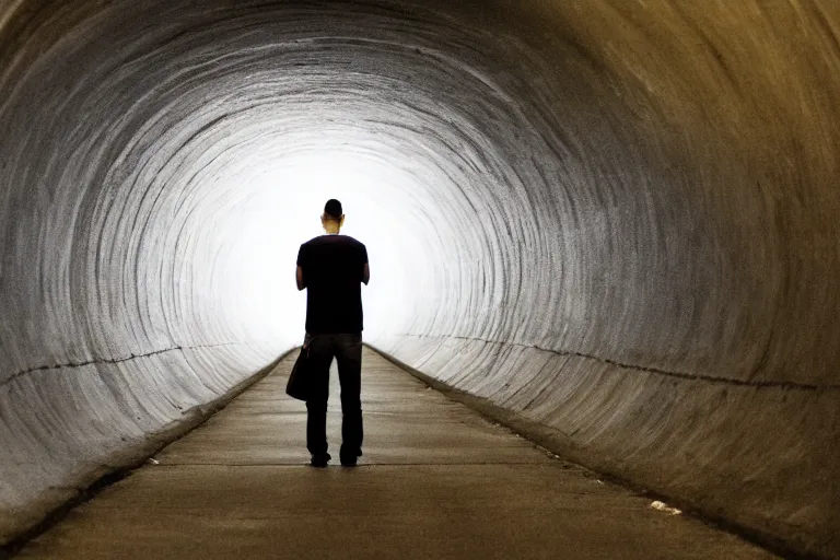 Image similar to a person going through all his memories in a tunnel, dramatic angle