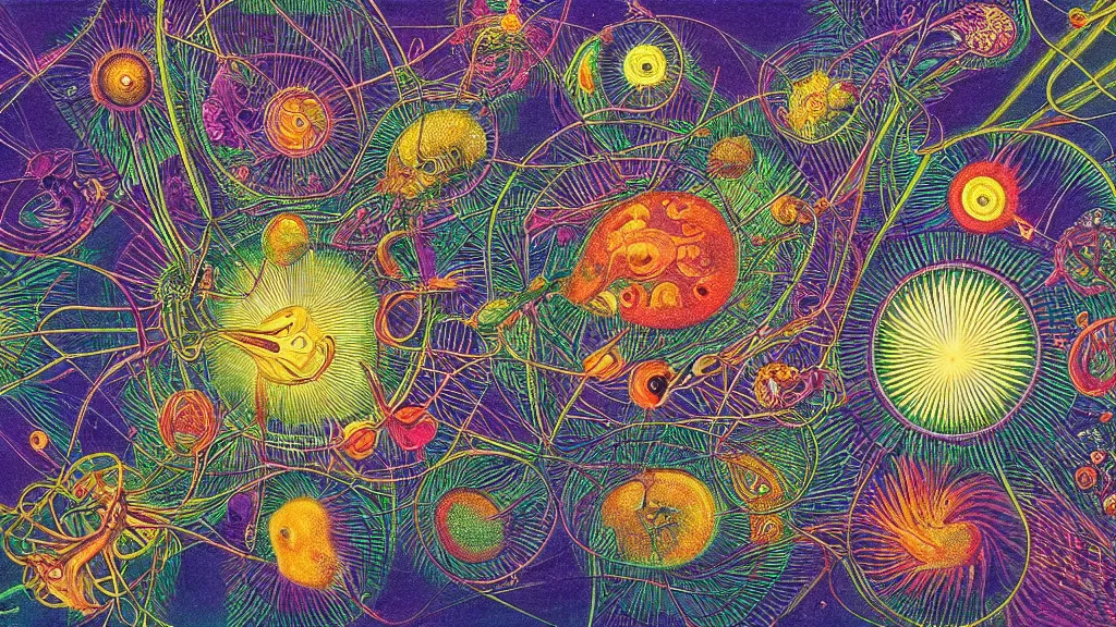 Image similar to quantum connections represented as symbiotic organisms like cells playing around with colorful lights by ernst haeckel, sharp