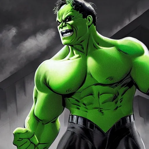 Image similar to the hulk wearing spiderman's suit and batman's mask