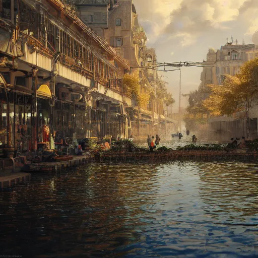 Prompt: a movimented market painted by jan baptist huysmans, reflective water, waterfals, birds, nature, middle east, epic painting, cgsociety, beautiful, semirealism, artstation, volumetric light, octane render, sharpness, 8 k, golden ratio