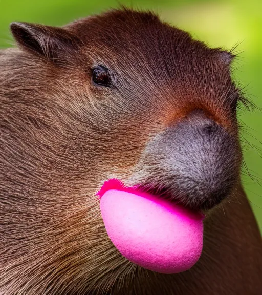 Image similar to award winning 5 5 mm close up portrait color photo of a capybara with pink slime oozing out of its nose, in a park by luis royo. soft light. sony a 7 r iv