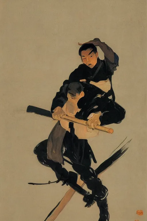 Image similar to portrit of a ninja on a rainy night by joaquin sorolla, syd mead, hokusai