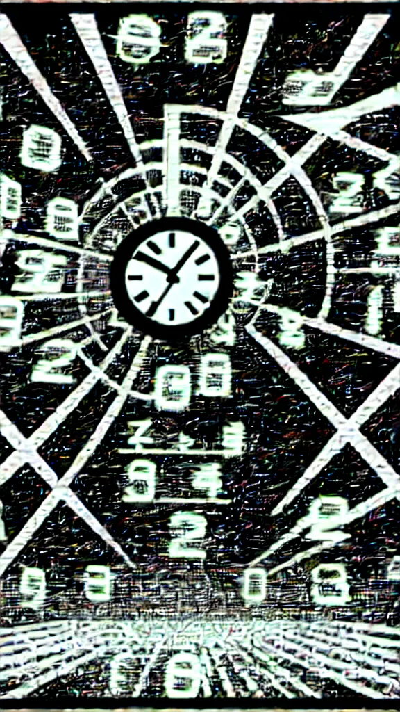 Image similar to a grainy photocopy of an anime style rave graphics poster with y2k brutalist gothic motifs and a photorealistic image of a clock in the style of GUCCIMAZE