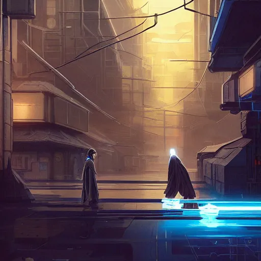 Image similar to Jedi in future japan at night, concept art, fine details, studio ghibli, cinematic lighting, ghost-in-the-shell, cyberpunk,sci-fi, fantasy, intricate, elegant, highly detailed, digital painting, trending on artstation, concept art, smooth, sharp focus, illustration, by james gurney and greg rutkowski