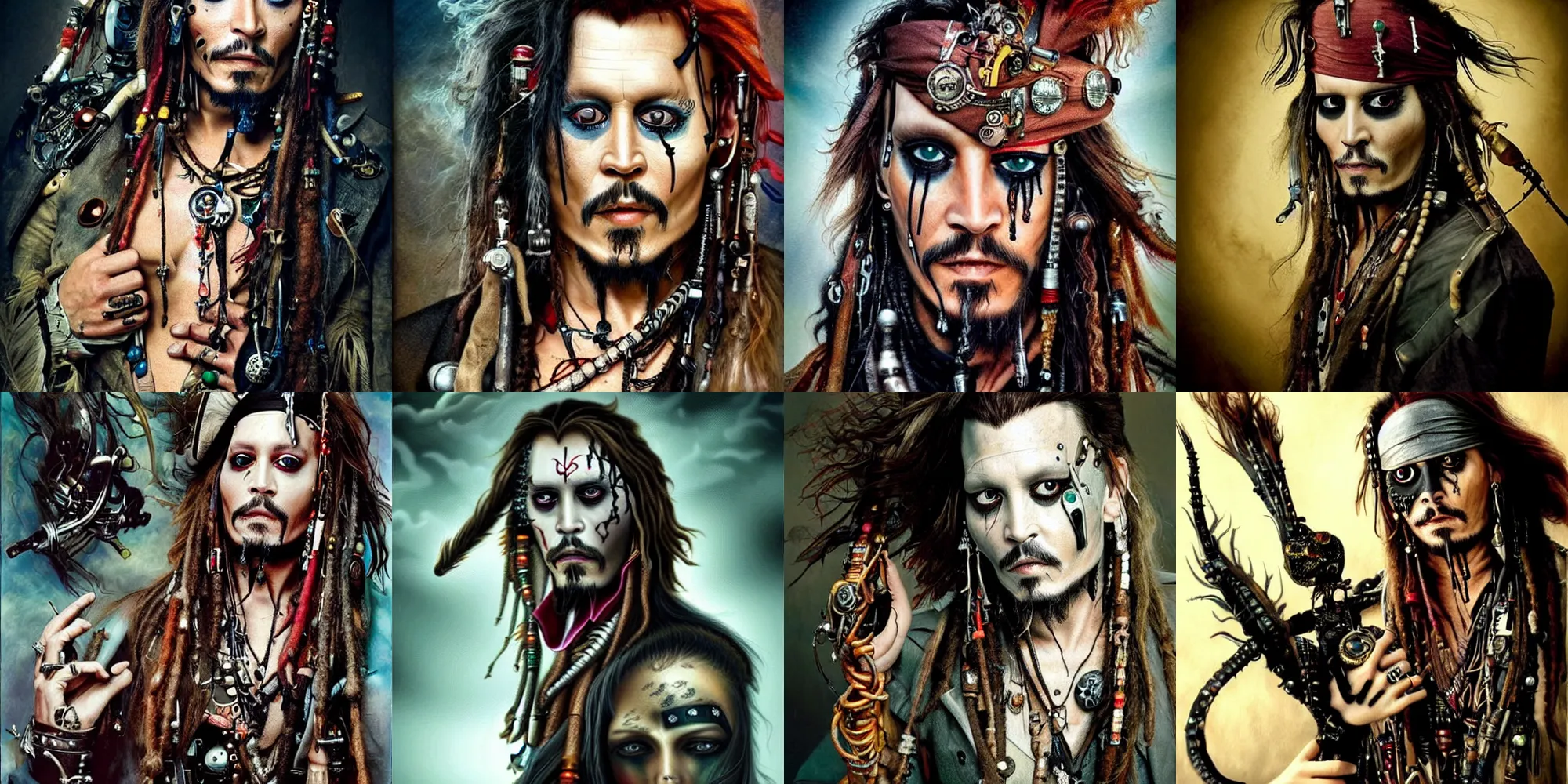 Prompt: dead cyborg Johnny Depp as Jack Sparrow embraced by passion, full body portrait, insane avant-garde professional hair style, dramatic hair color, fully tattoed mechanical snake skin, emerald eyes, amber jewels, ornate clothing, baroque digital painting, epic cinematic, steampunk sci-fi, psychedelic, realistic, hyperdetailed, chiaroscuro, concept art, art by Jon Foster and Michael Whelan and Amano and Karol Bak