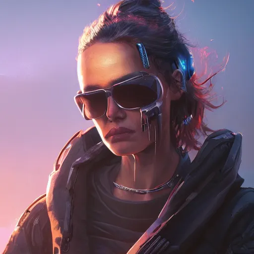 Prompt: closeup portrait of a female mercenary, sunglasses, shoulder long hair, claws, cyberpunk, sunset, neuromancer, city background, gorgeous view, high detail, digital art, chiaroscuro, painted by igor kieryluk and greg rutkowski, trending on artstation