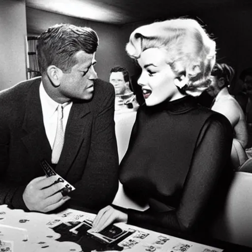 Prompt: a highly detailed photo of marilyn monroe and jfk playing yu - gi - oh, antique photo