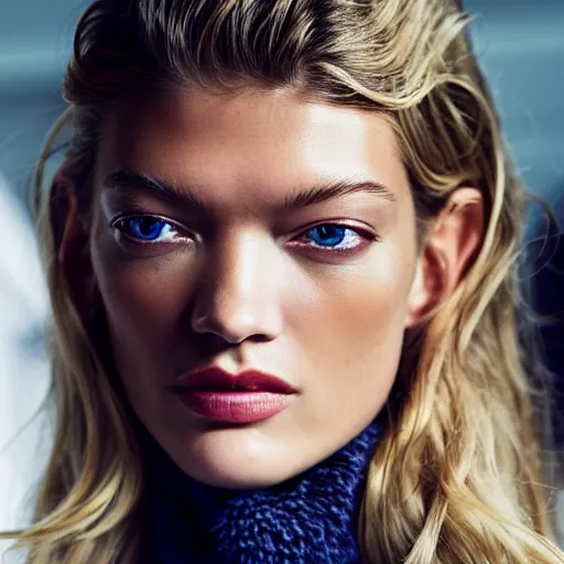 Image similar to A beautiful portrait of Martha Hunt as a model at Chanel fashion show as a model Spring/Summer 2018, highly detailed, in the style of cinematic, Milan fashion week backstage, Extreme close up, Makeup by Pat McGrath, Hair by Guido Palau, Greg rutkowski