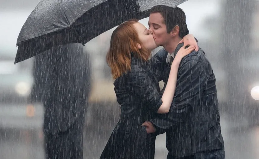 Prompt: Emma Stone kissing a guy in the rain,