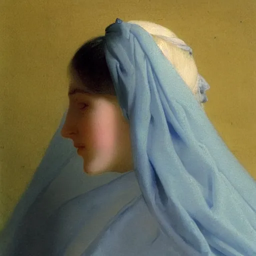 Prompt: a young woman’s face, her hair is white, she wears a long flowing blue satin veil, by ivan aivazovsky and and pieter claesz and paul delaroche and alma tadema and and willen claesz heda and aelbert cuyp and gerard ter borch, hyperrealistic, rendered in octane