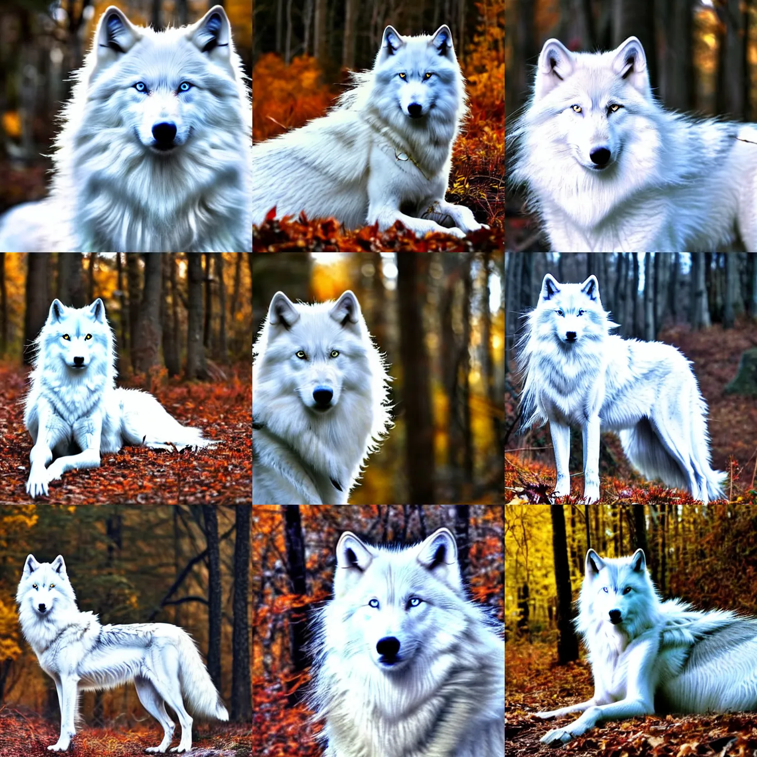 Image similar to a beautiful long - haired white wolf with blue eyes stands in a dormant autumn forest, no yellow color in eyes, no yellow color