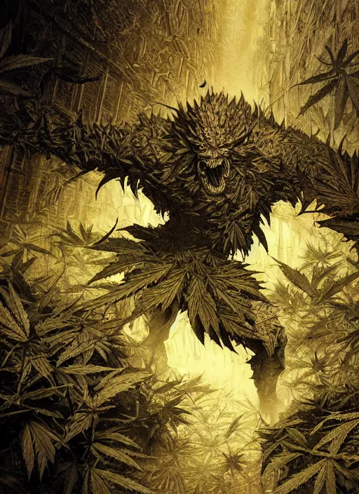 Image similar to Monster made of pot leaves, marijuana, watercolor, dramatic lighting, cinematic, establishing shot, extremely high detail, foto realistic, cinematic lighting, pen and ink, intricate line drawings, by Yoshitaka Amano, Ruan Jia, Kentaro Miura, Artgerm, post processed, concept art, artstation,