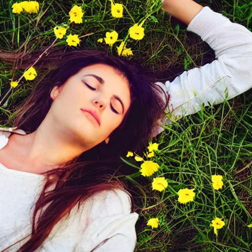 Image similar to girl laying down in the lawn full of flowers that smells like honey amongst forest with her soul connected to the nature around her