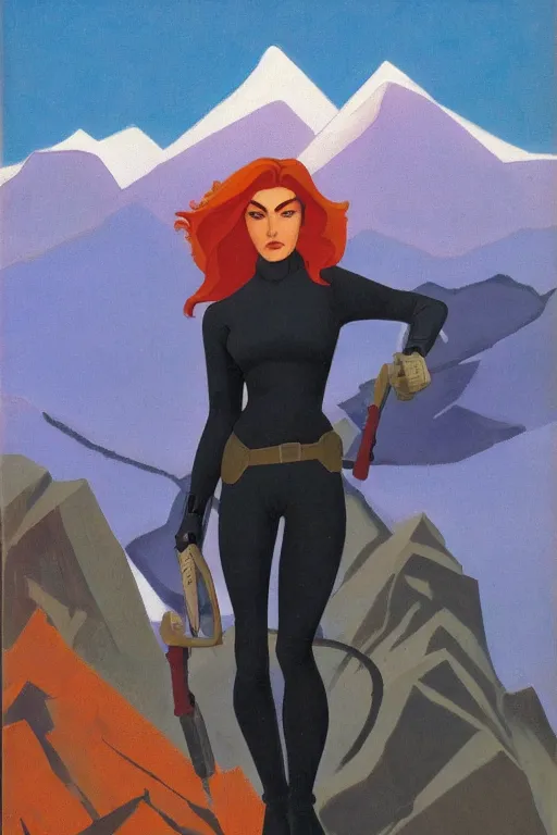 Image similar to black widow ( natasha romanova ) on mountains, marvel, artwork by nicholas roerich,