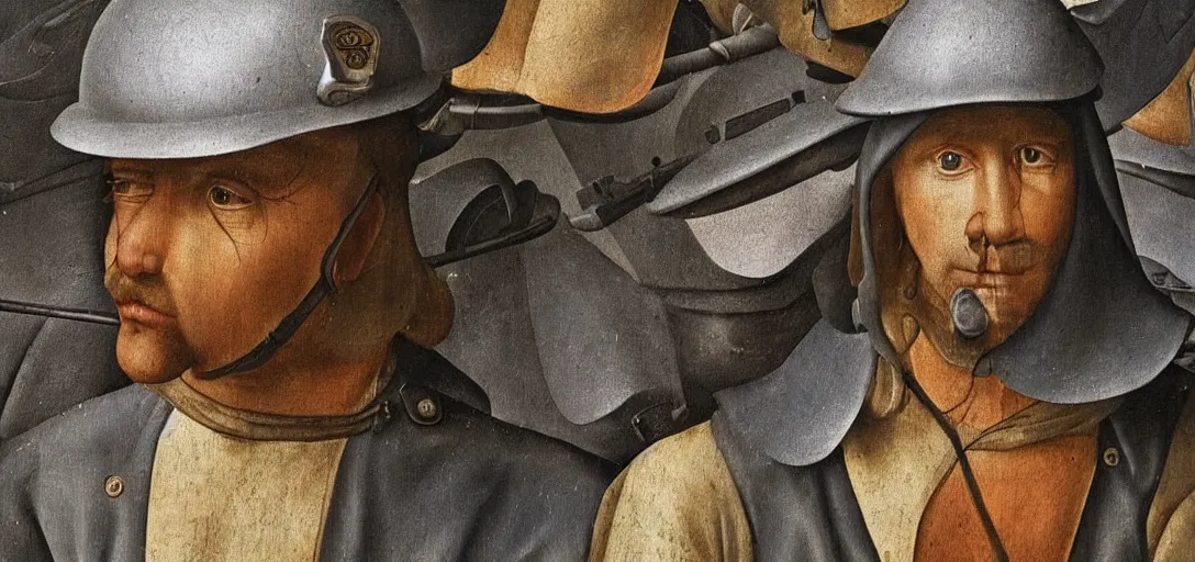 Image similar to hyperrealistic, ultra detailed, realistic render of a police officer in the style of hieronymos bosch