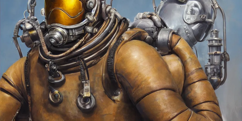 Image similar to highly detailed portrait painting of welder stallone in atmospheric diving suit, perfect symmetrical eyes, by eddie mendoza and tyler edlin, windows, 8 k resolution