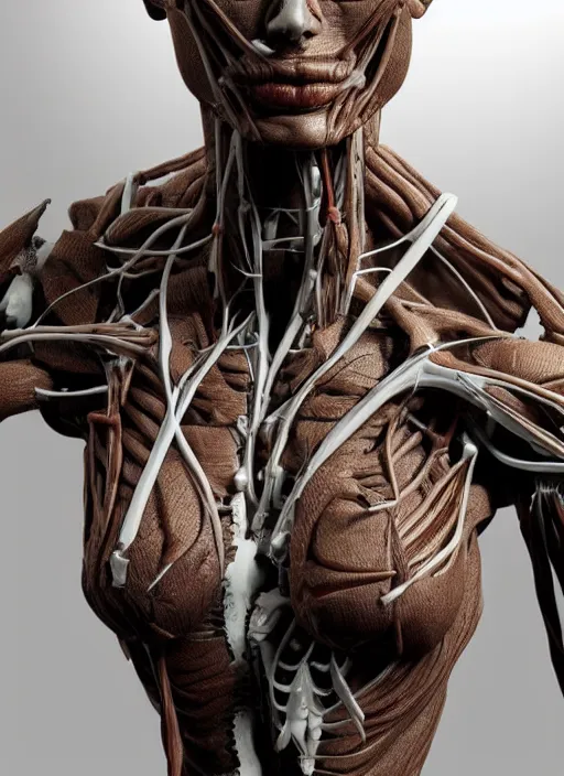 Image similar to a bust sculpture of anatomical female detailed cyborg, veins, become human, ceramic base, orthographic, studio lighting