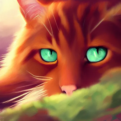 Prompt: a portrait of a ginger cat with green eyes in the forest, trending on artstation, trending on furaffinity, digital art, by kawacy, anime, furry art, warm light, backlighting, cartoon, concept art