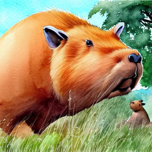 Prompt: a beautiful watercolor painting of an enormous capybara, by Antonio Guidotti, ghibli studio, hyper detailed, matte art, trending on artstation,