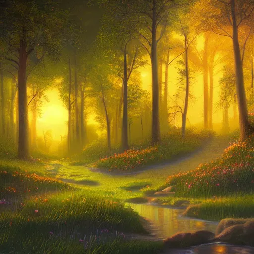 Image similar to fireflies in a forest inspired by Evgeny Lushpin,cottage,sunset,spring,cinematic,trending on ArtStation