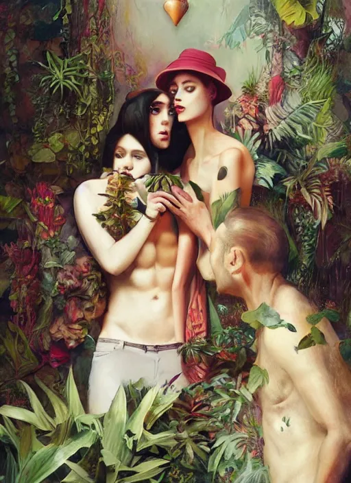 Image similar to an excited couple redefining love in a caffe surrounded by plants, expressionist painting by Francis Bacon and tom bagshaw, artstation