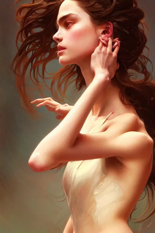 Image similar to prerafaelite portrait of a single young teen model looking moved and touched, upper body, fantasy, intricate, elegant, highly detailed, digital painting, artstation, concept art, matte, sharp focus, illustration, art by Artgerm and Greg Rutkowski and Alphonse Mucha