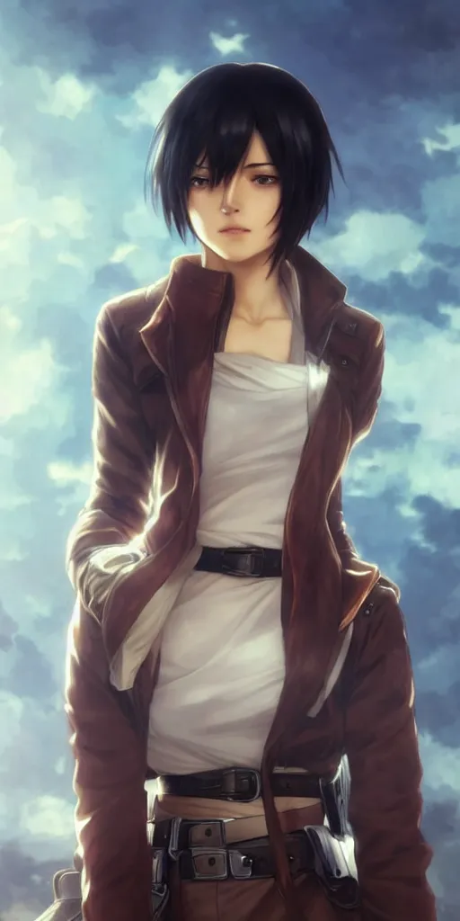 Image similar to mikasa ackerman, hero pose, medium shot, bokeh, beautiful face!!!!, 2 7 years old, cg animation, lifelike, animated, realistic, character select portrait, by artgerm, greg rutkowski, alphonse mucha, 3 d