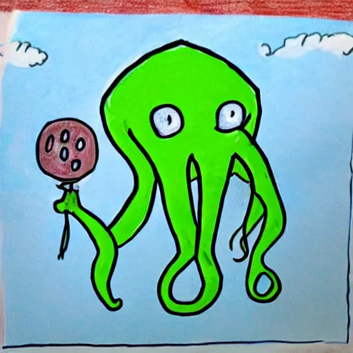 Image similar to “ a child ’ s drawing of himself with his imaginary friend cthulhu ”